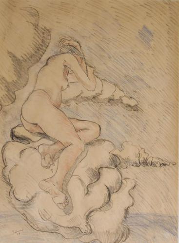 Figure resting on cloud, 1976, pencil, 17x22